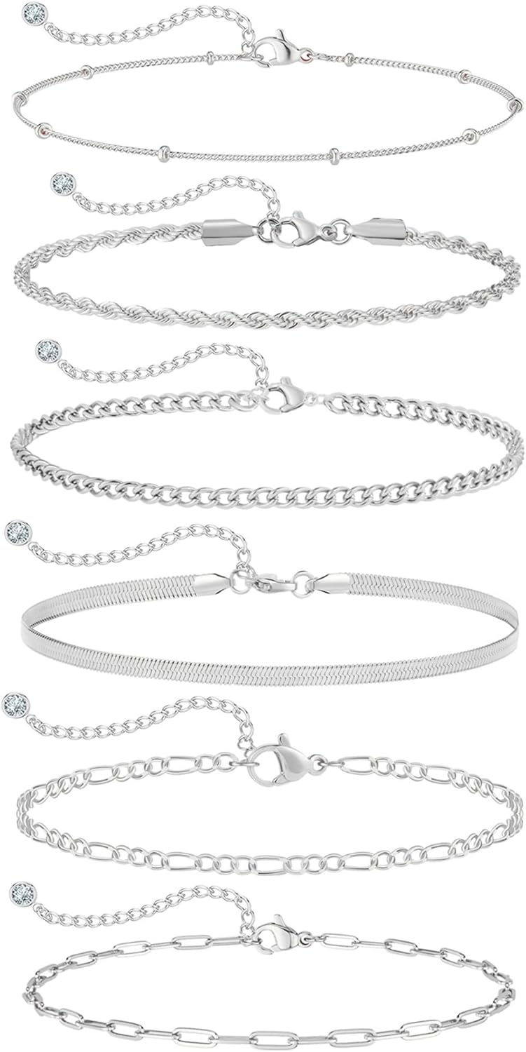 Rotnso Anklets for Women 14K Gold Silver Plated Ankle Bracelets Trendy Waterproof Boho Anklets Set Adjustable Dainty Cute Diamond Beaded Heart Non Tarnish Summer Beach Jewelry Gift - Image 1